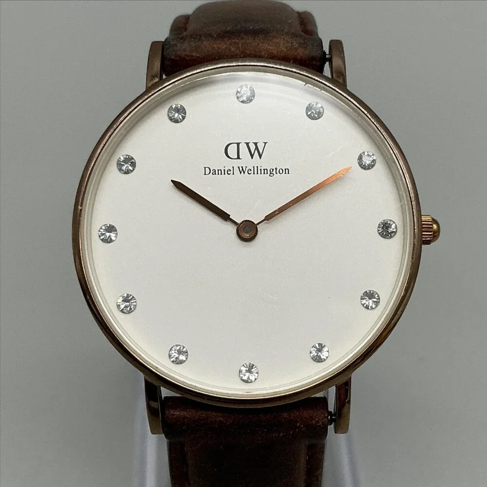 Daniel Wellington Womens Watch 34mm Gold Tone Brown Leather Band New Battery
